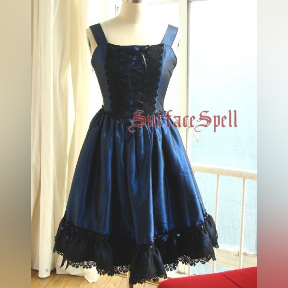 Surface Spell Nightwish Teal Tafetta Black Lace Jumper Dress L Dark Gothic